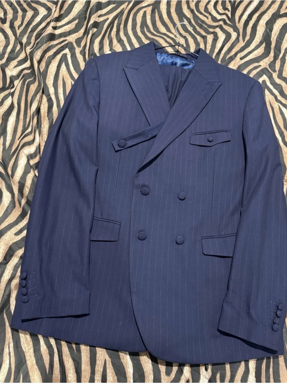 Men's Double-Breasted Navy Pinstripe Suit Jacket